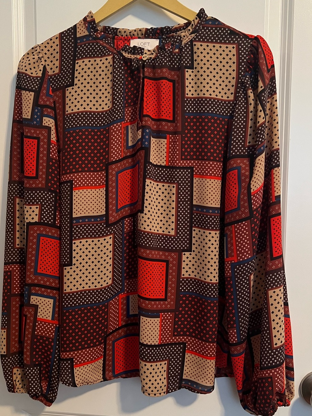 LOFT Geometric Patchwork Long-Sleeve Blouse in Red, Cream and Black